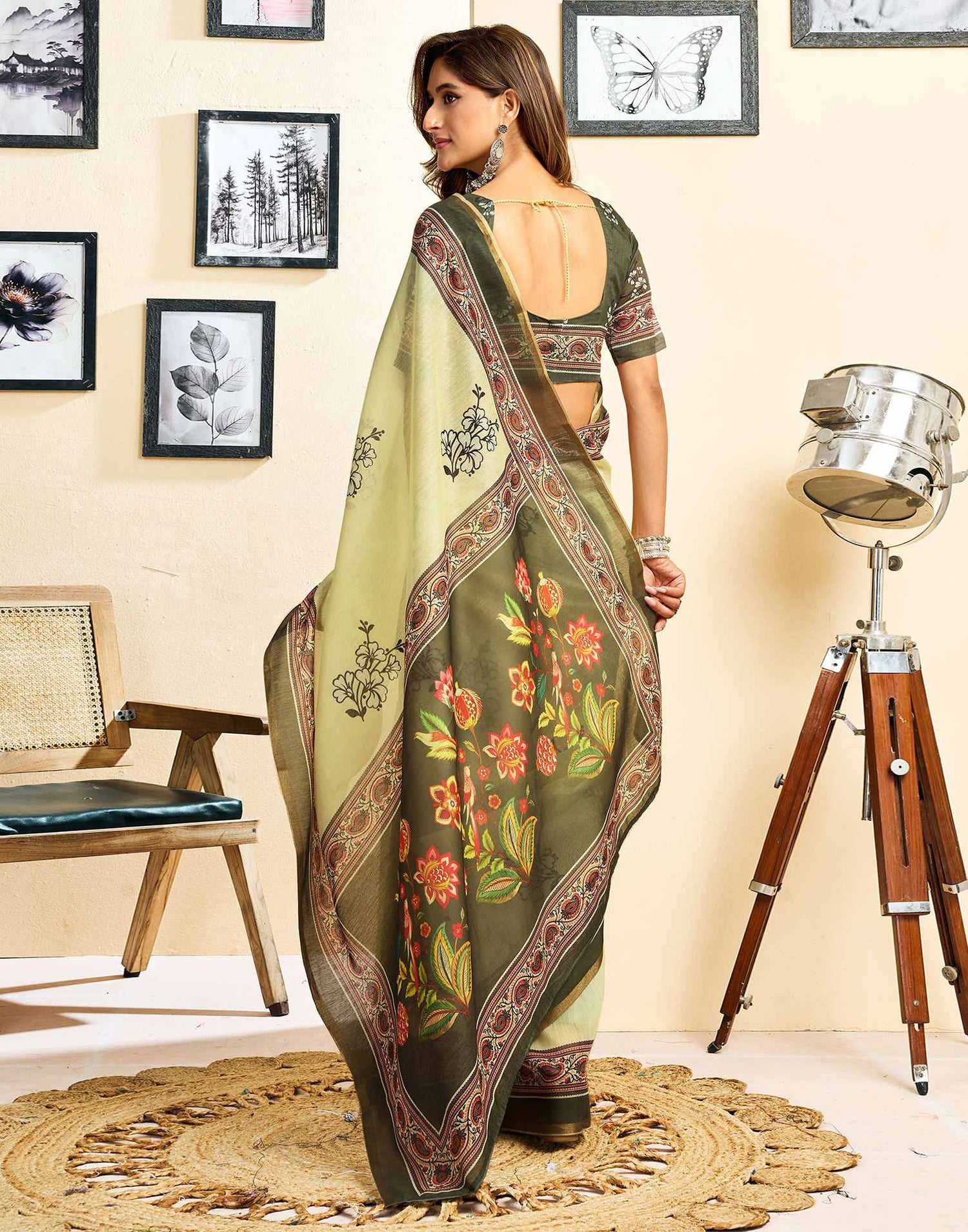 Ready To Wear Light Yellow Linen Floral Printed Saree