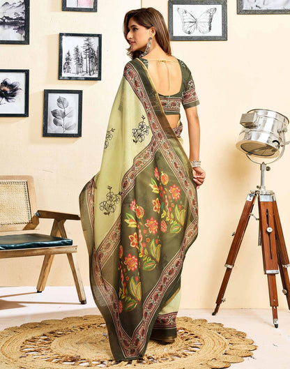Ready To Wear Light Yellow Linen Floral Printed Saree
