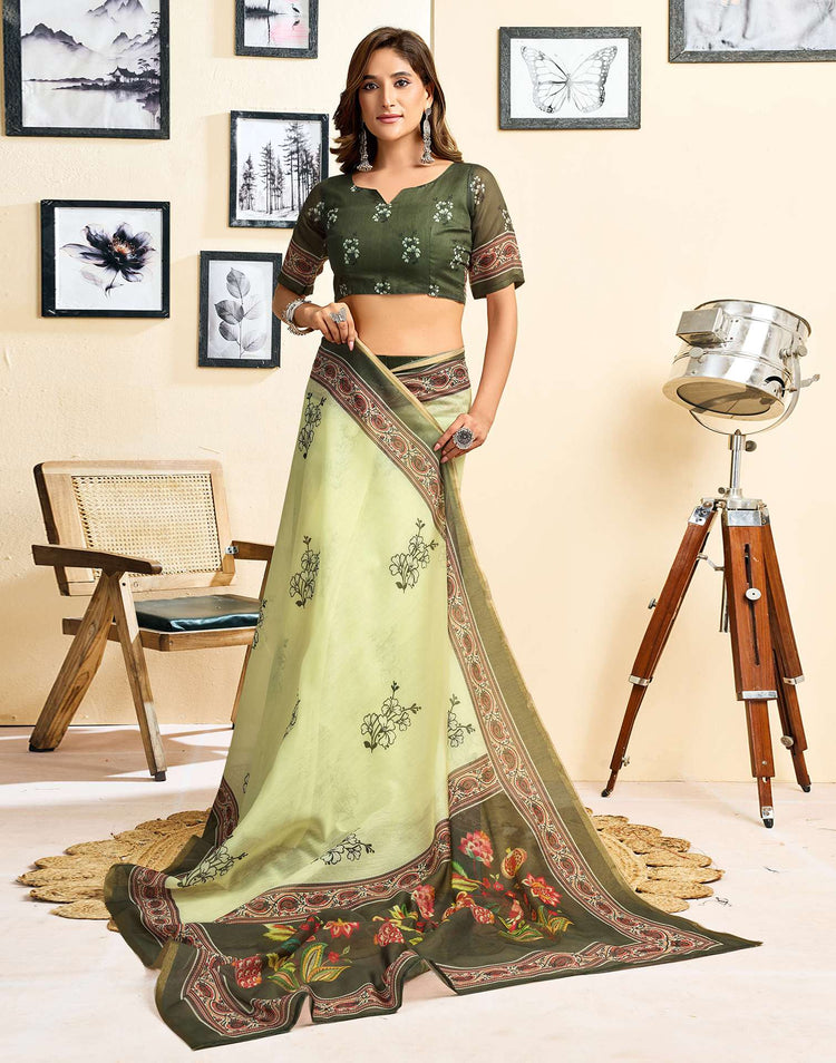 Ready To Wear Light Green Linen Floral Printed Saree