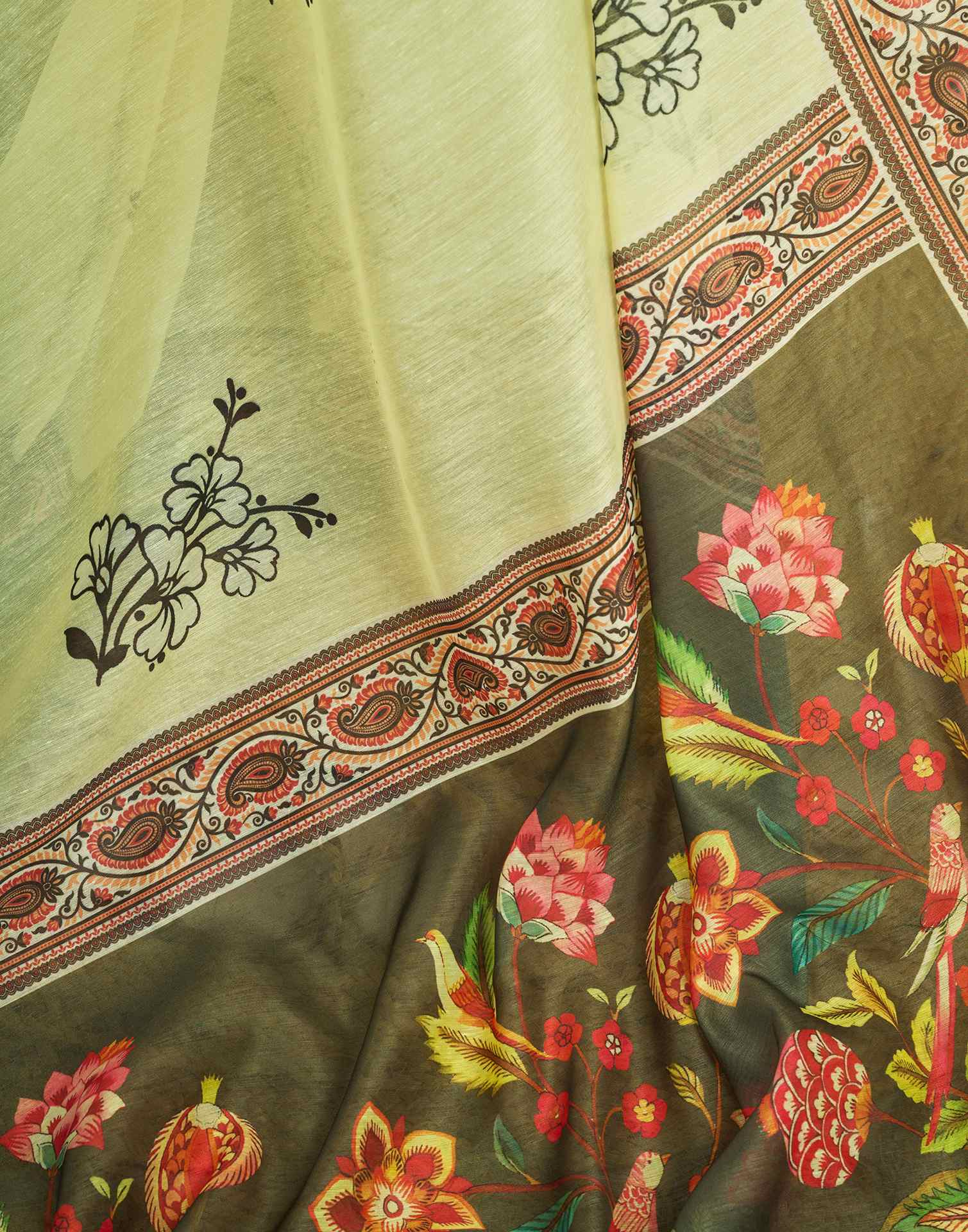Ready To Wear Light Yellow Linen Floral Printed Saree