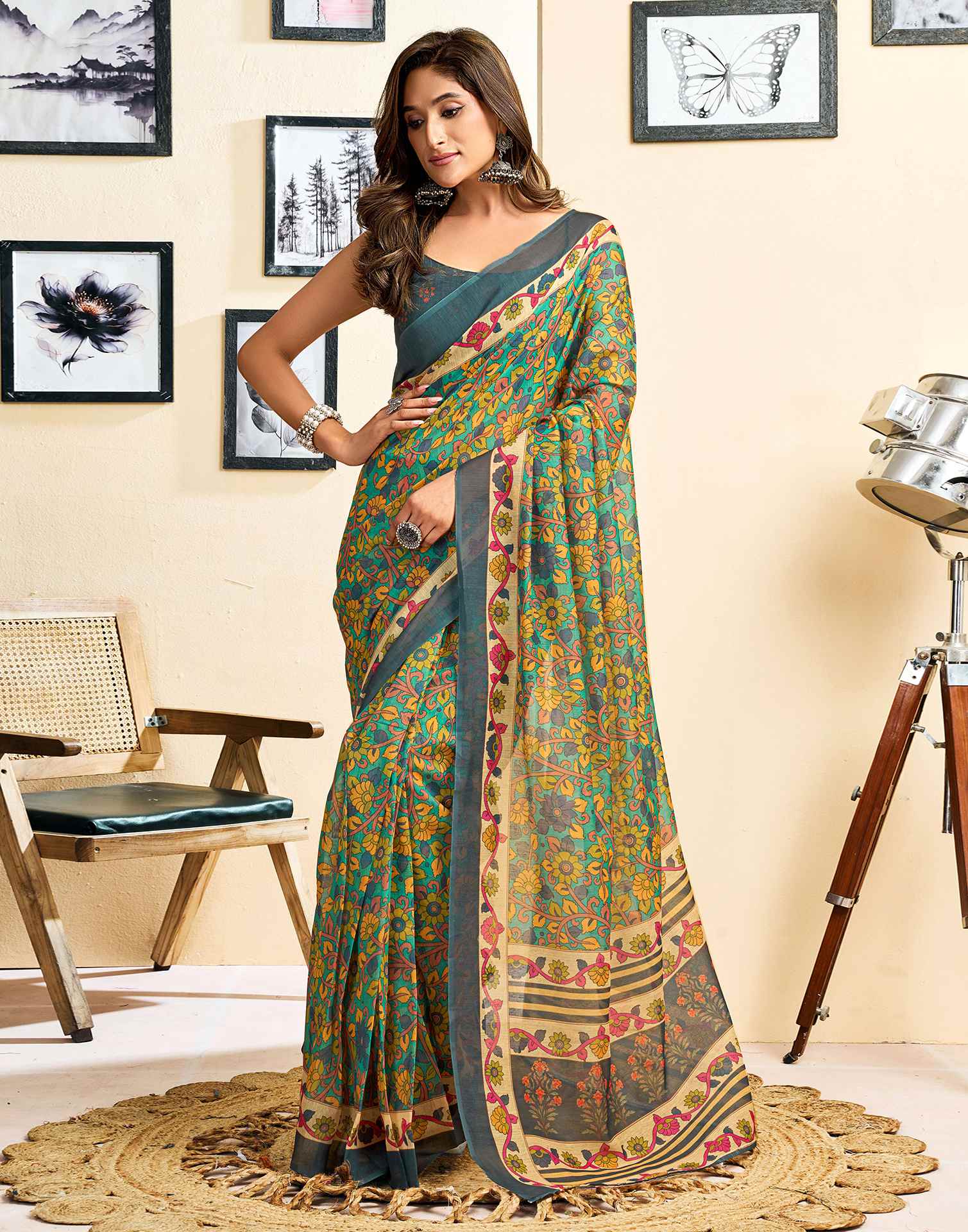 Ready To Wear Turquoise Linen Printed Saree