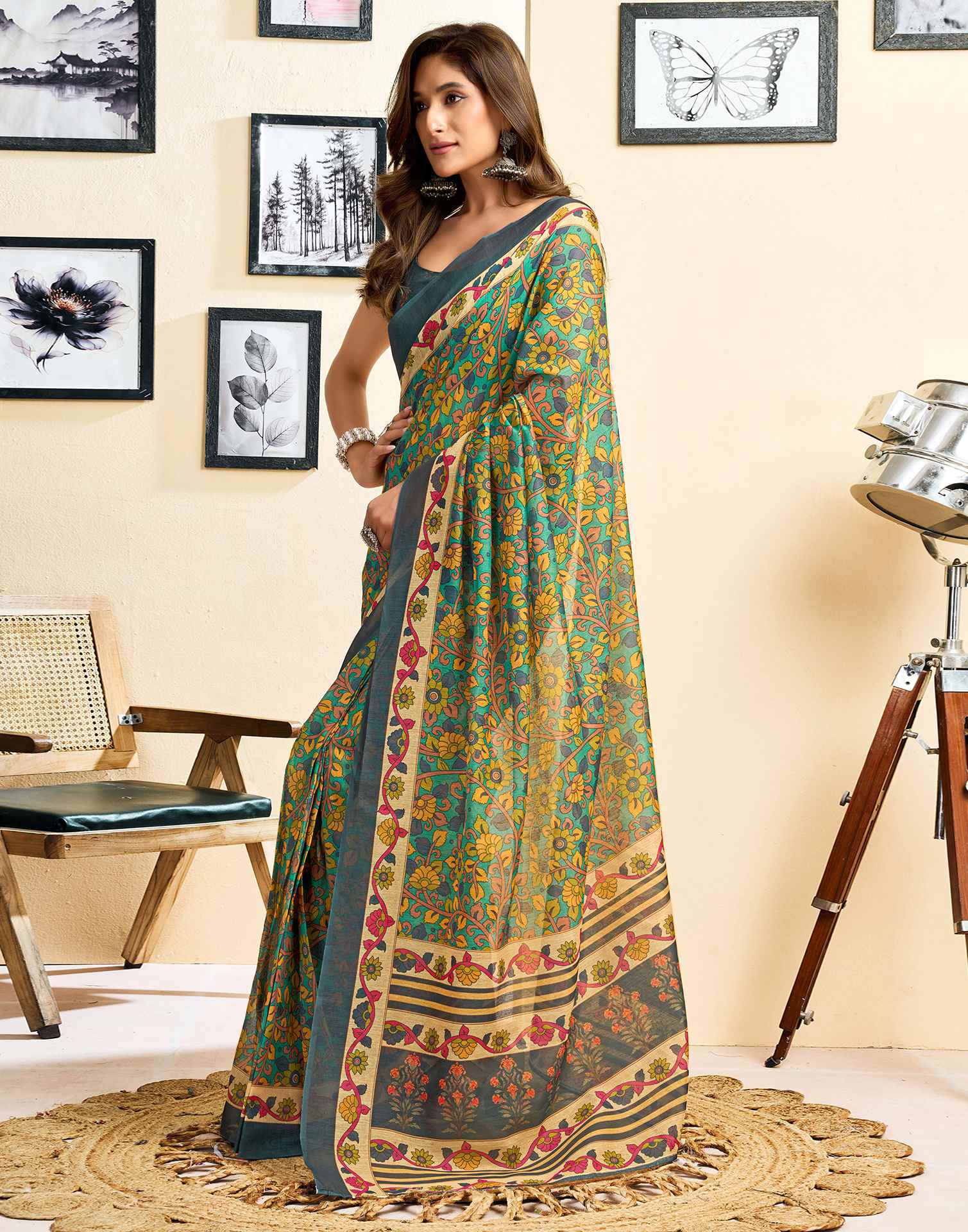 Ready To Wear Turquoise Linen Printed Saree