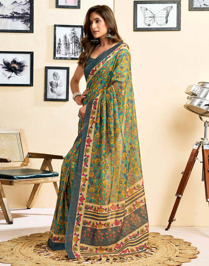 Ready To Wear Turquoise Linen Printed Saree