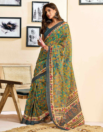 Ready To Wear Turquoise Linen Printed Saree