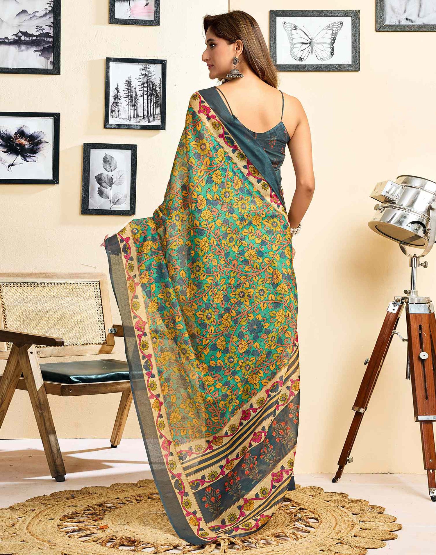 Ready To Wear Turquoise Linen Printed Saree