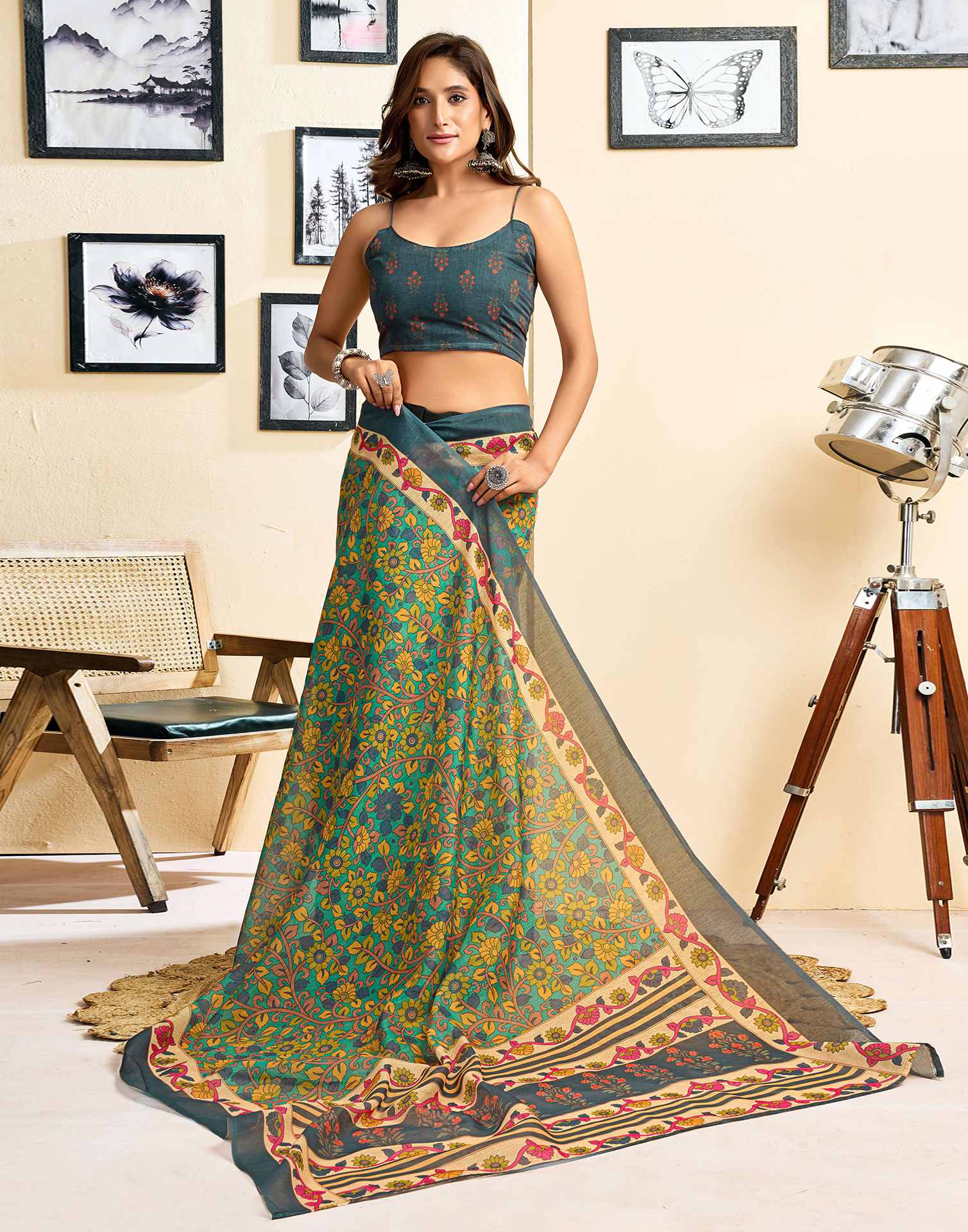 Ready To Wear Turquoise Linen Printed Saree