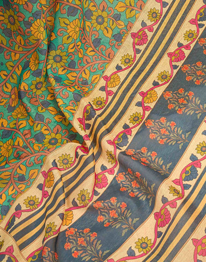 Ready To Wear Turquoise Linen Printed Saree