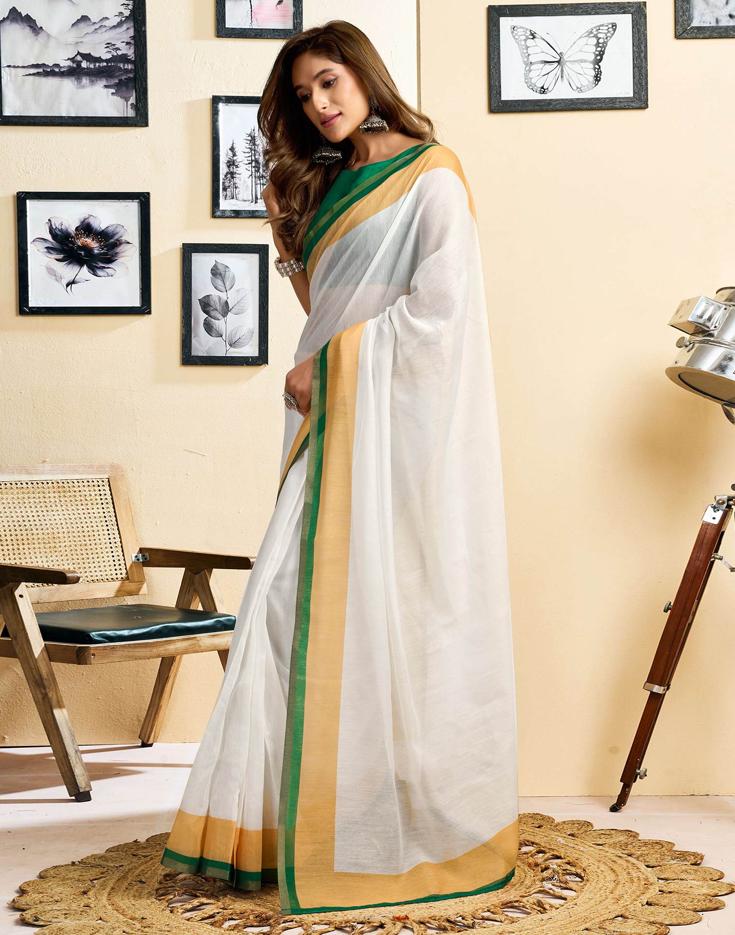 Ready To Wear White Linen Printed Saree