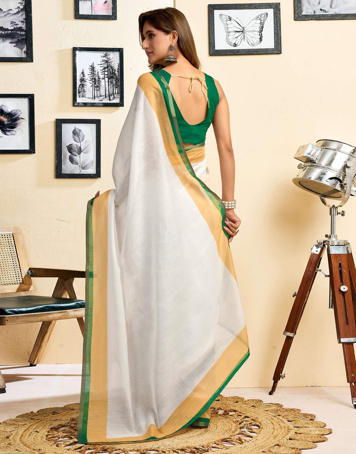 Ready To Wear White Linen Printed Saree