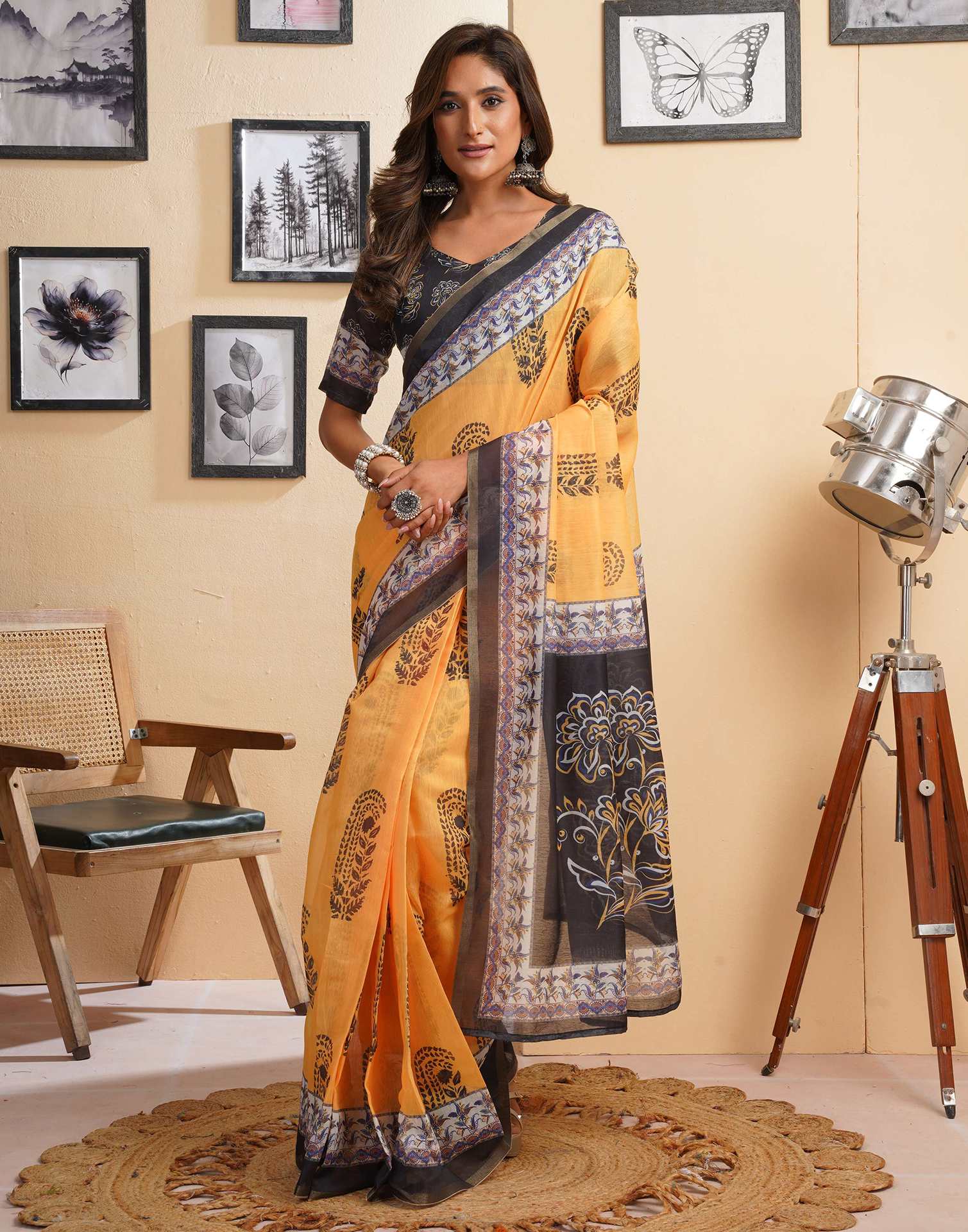 Ready To Wear Yellow Linen Printed Saree