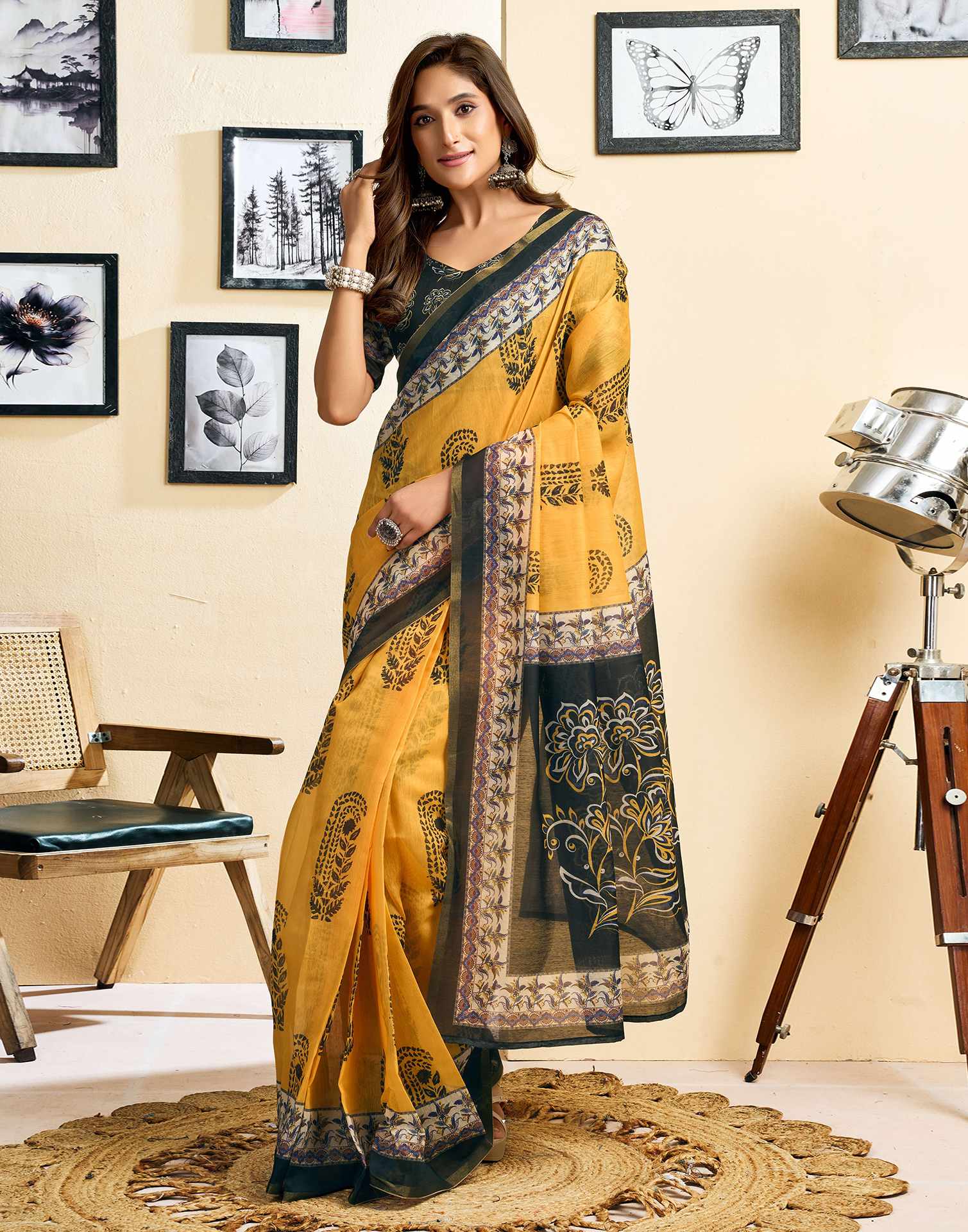 Ready To Wear Yellow Linen Printed Saree