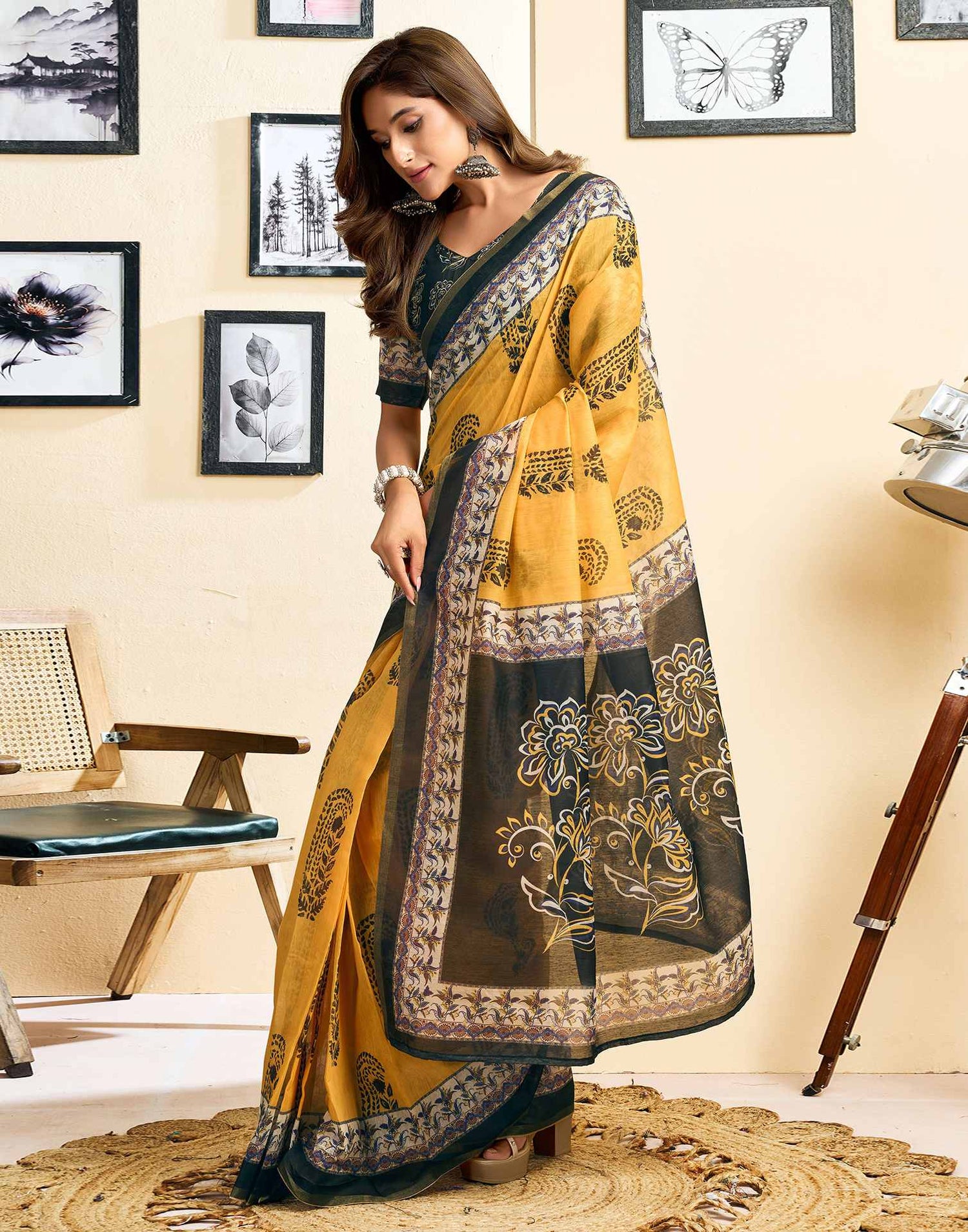 Ready To Wear Yellow Linen Printed Saree