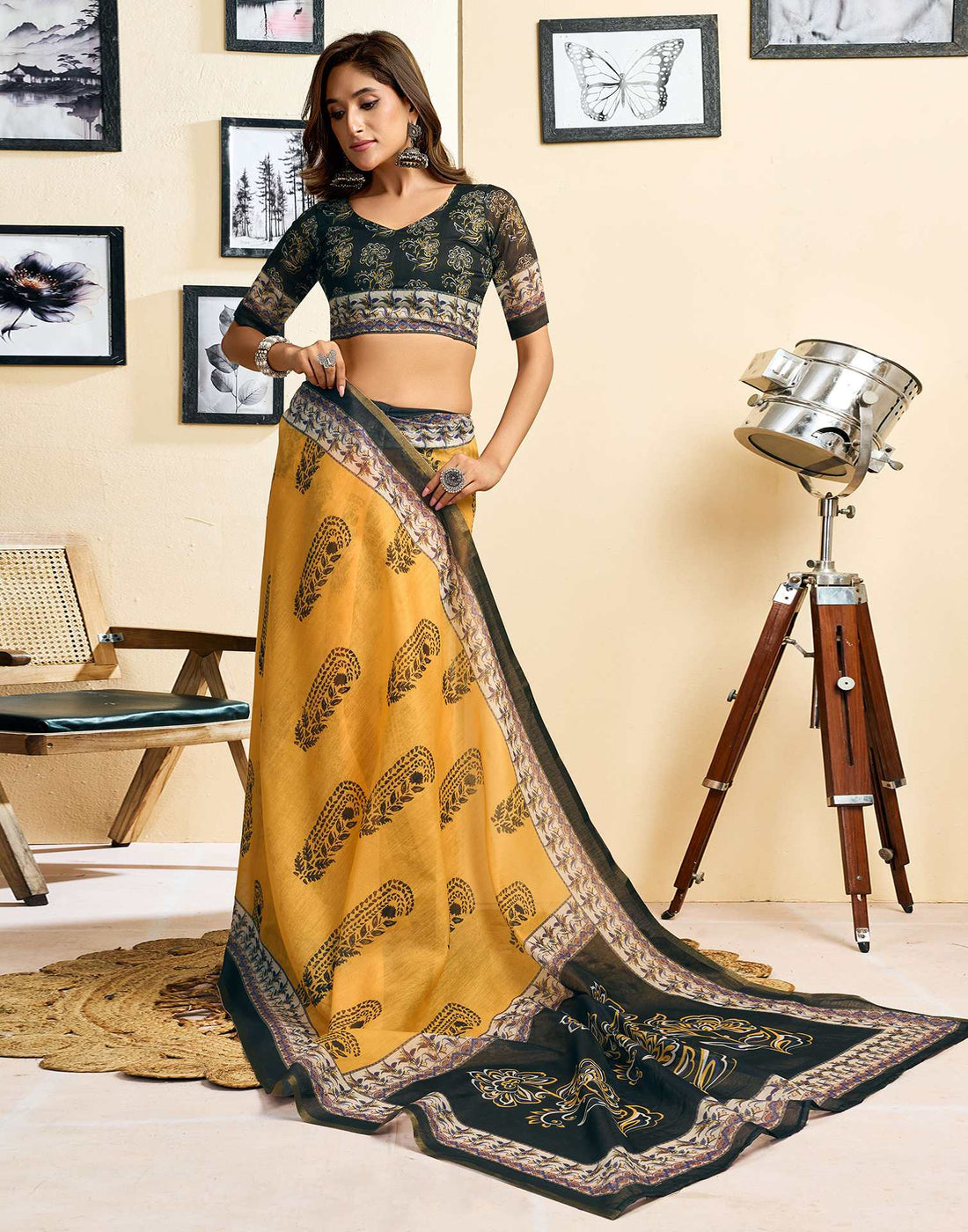 Ready To Wear Yellow Linen Printed Saree