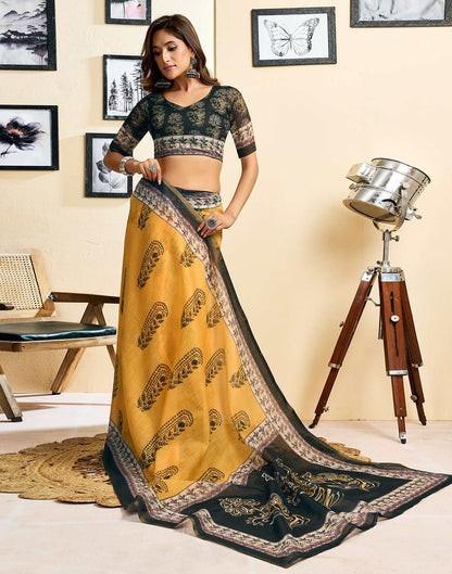 Ready To Wear Yellow Linen Printed Saree