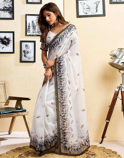 Ready To Wear White Linen Printed Saree