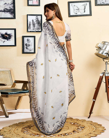 Ready To Wear White Linen Printed Saree