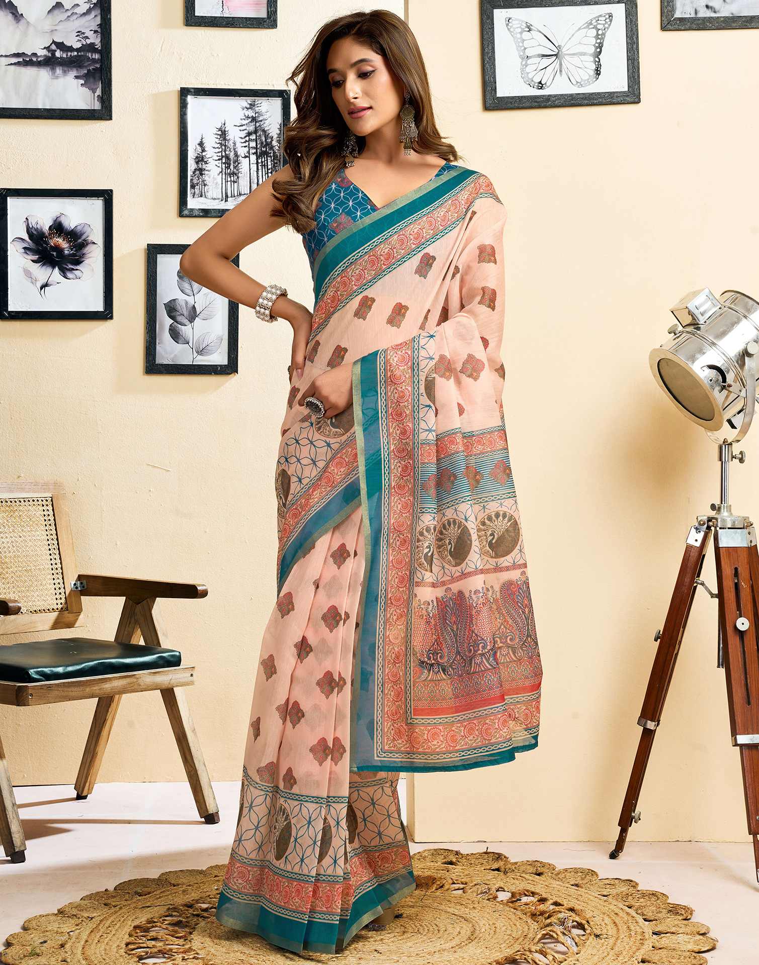 Ready To Wear Peach Linen Printed Saree