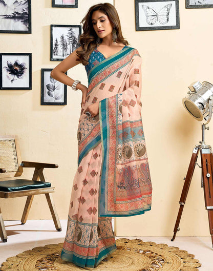 Ready To Wear Peach Linen Printed Saree