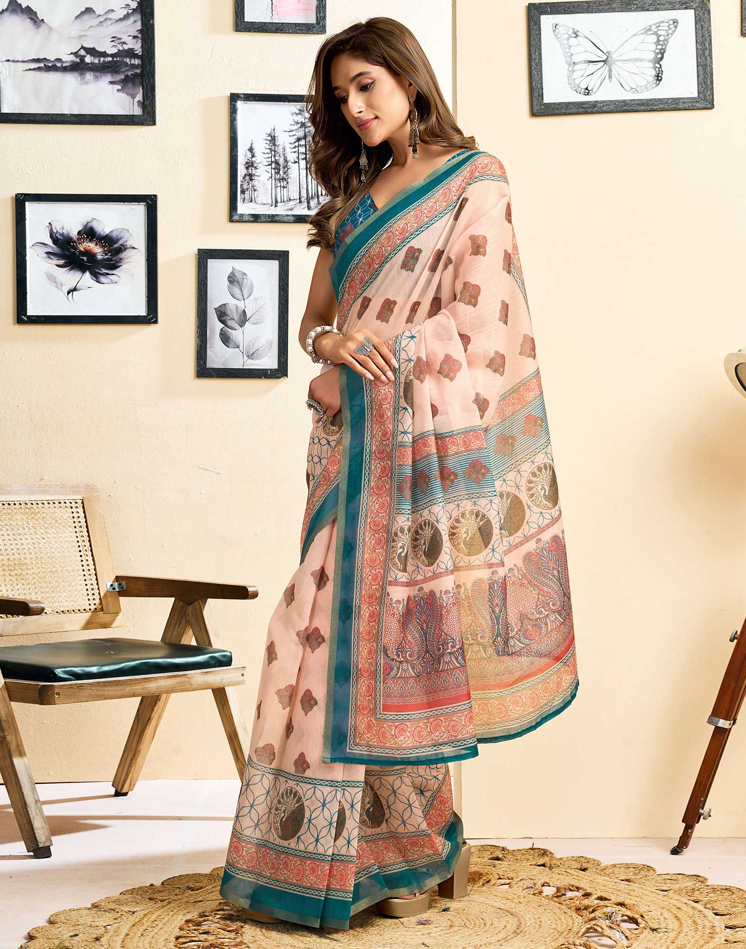 Ready To Wear Peach Linen Printed Saree
