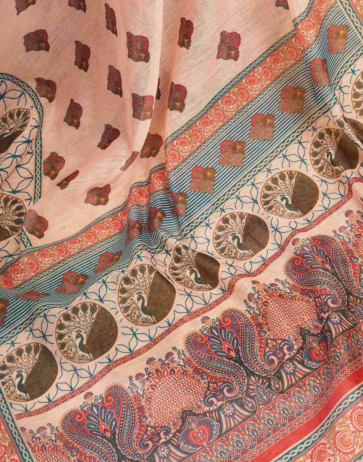 Ready To Wear Peach Linen Printed Saree