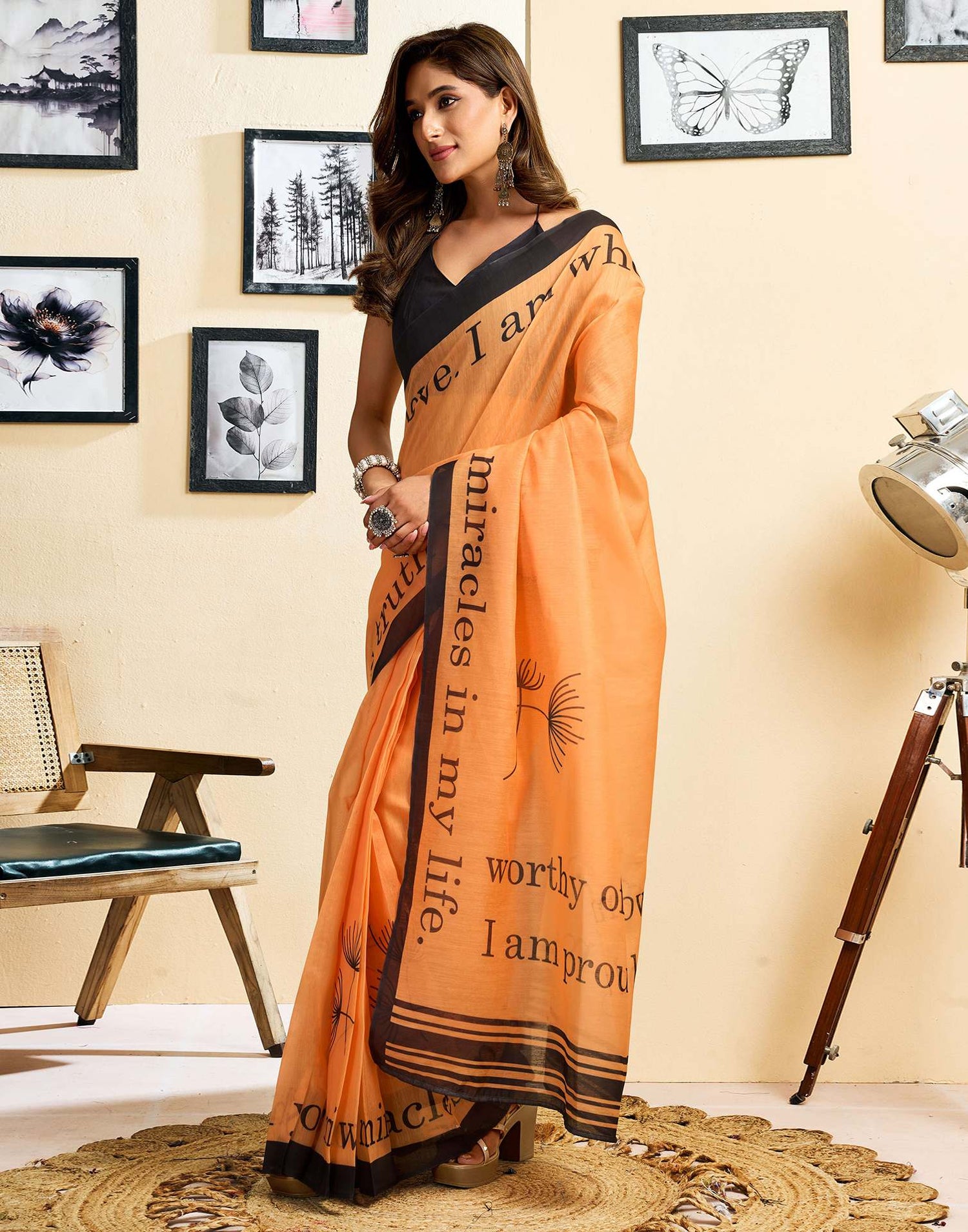 Ready To Wear Light Orange Linen Printed Saree
