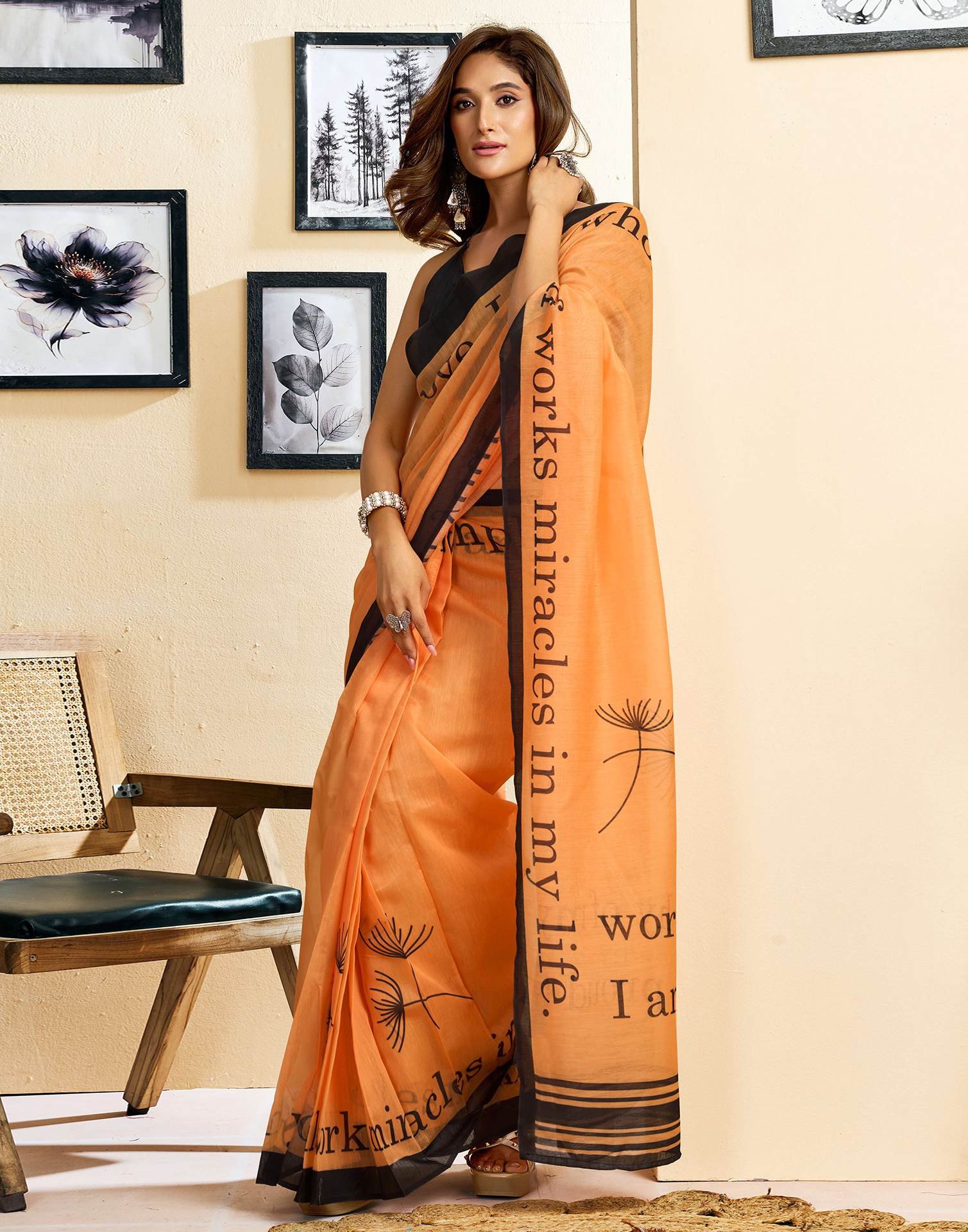 Ready To Wear Light Orange Linen Printed Saree