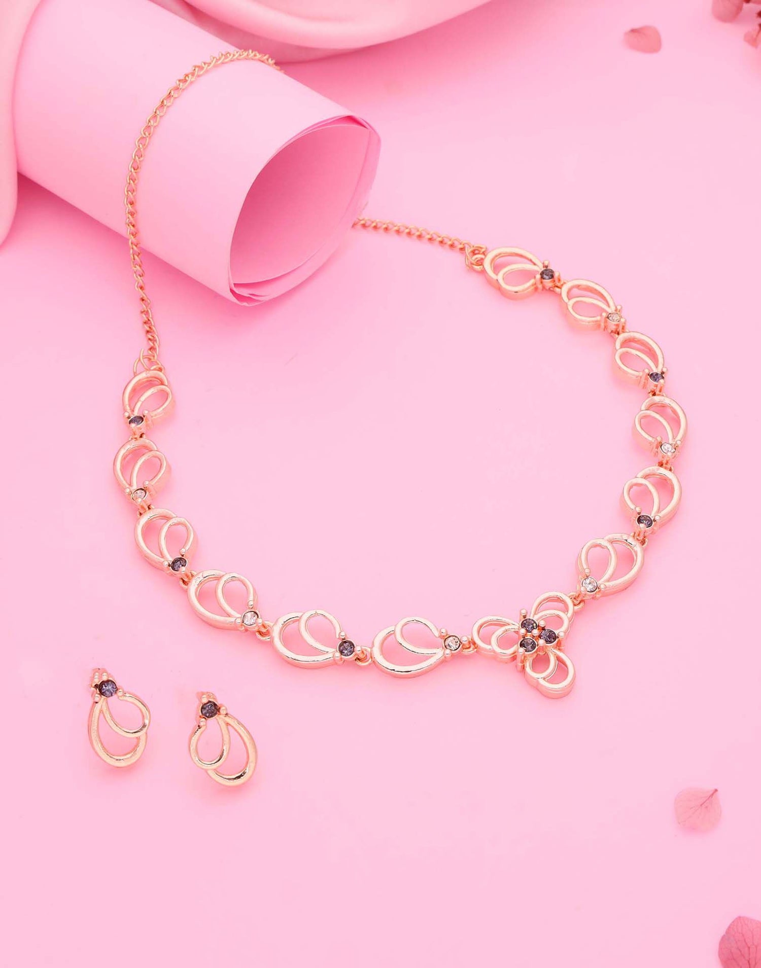 Lavender Rose Gold Choker Necklace Set With Stud Earring