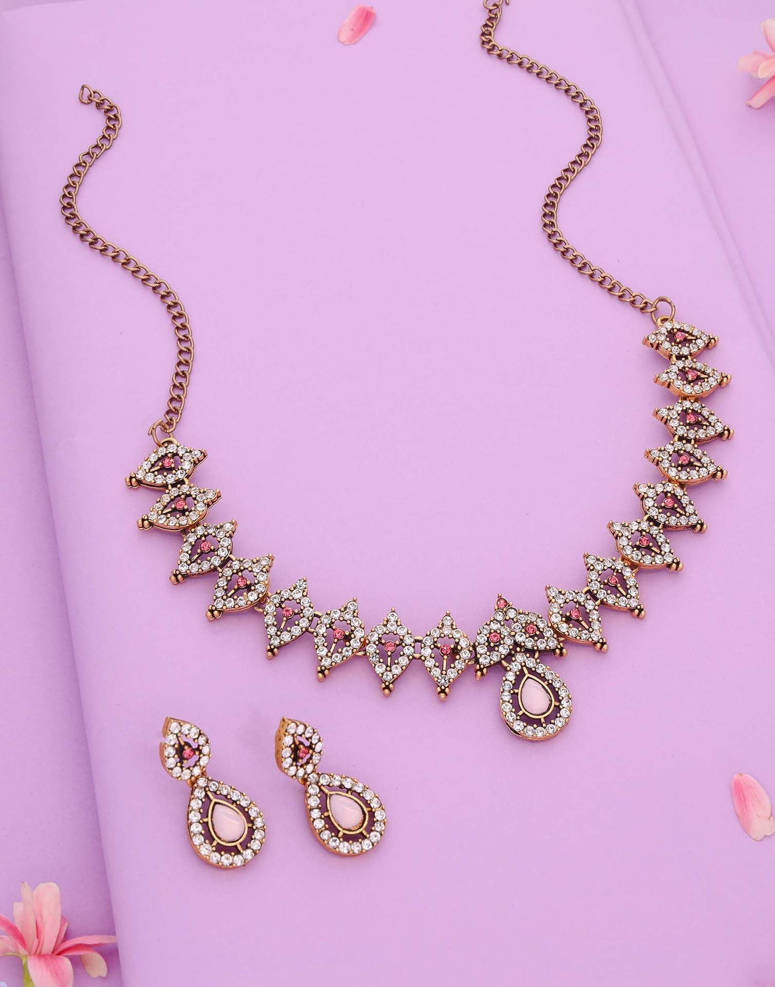 Baby Pink Gold Choker Necklace Set With Drop Earring