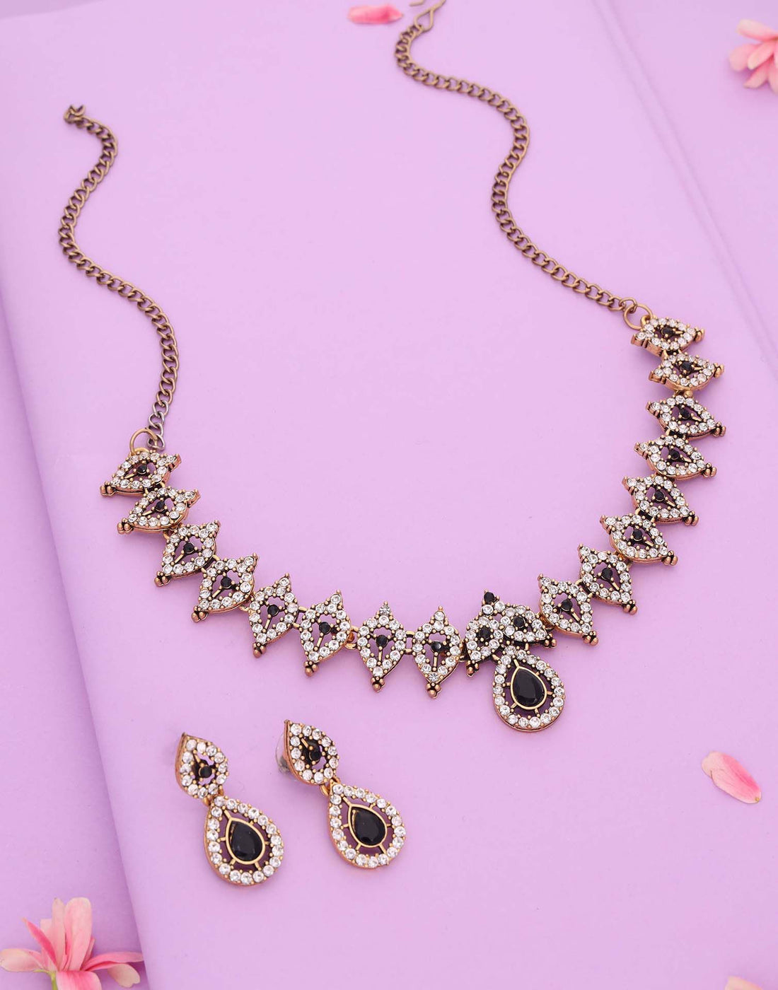 Black Gold Choker Necklace Set With Drop Earring