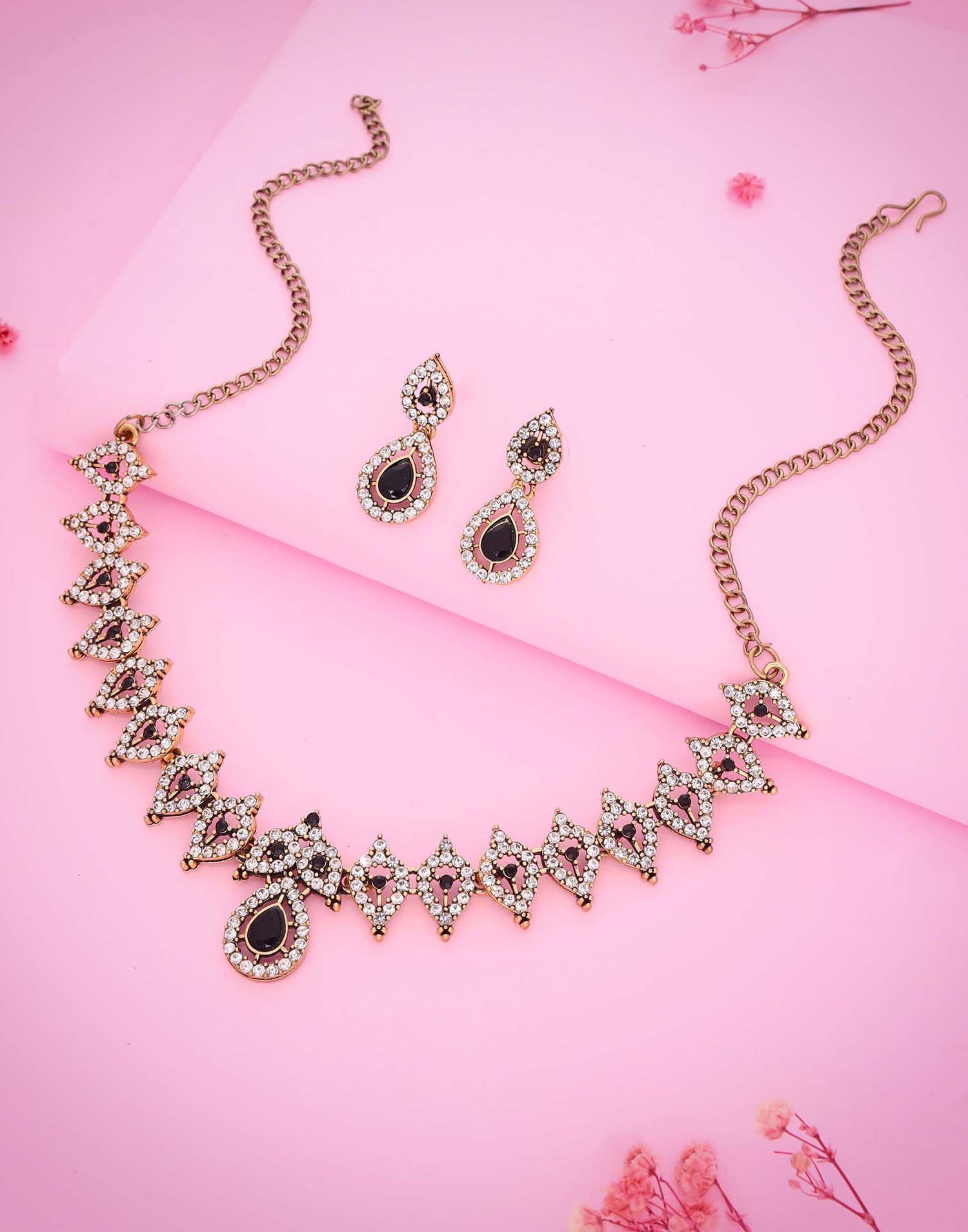 Black Gold Choker Necklace Set With Drop Earring