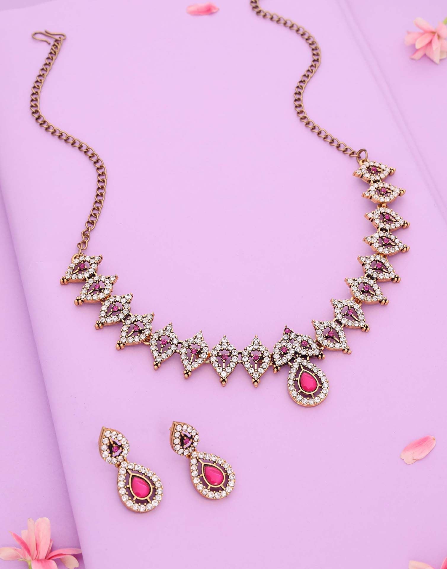 Pink Gold Choker Necklace Set With Drop Earring