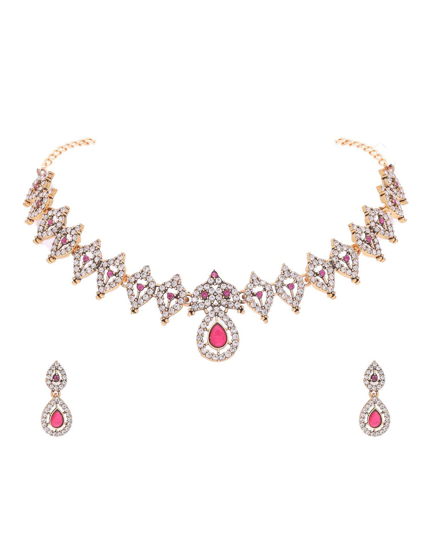 Pink Gold Choker Necklace Set With Drop Earring