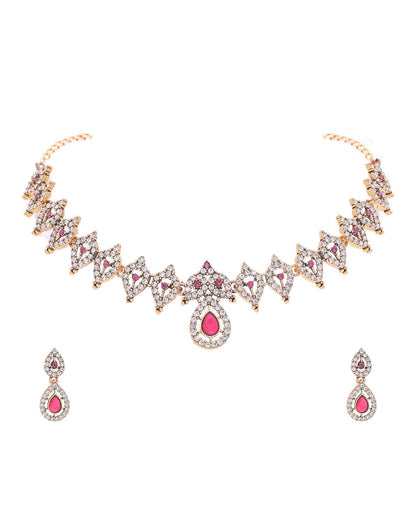 Pink Gold Choker Necklace Set With Drop Earring