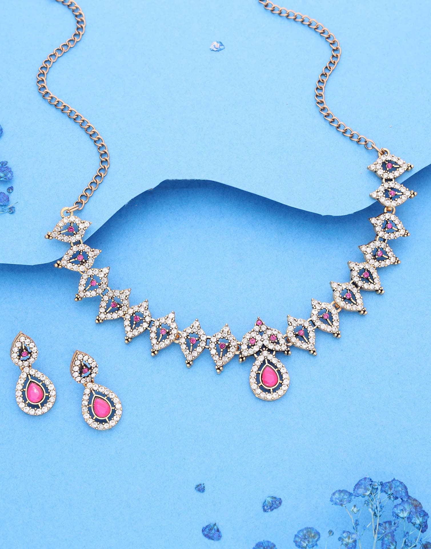 Pink Gold Choker Necklace Set With Drop Earring