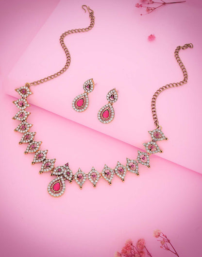 Pink Gold Choker Necklace Set With Drop Earring