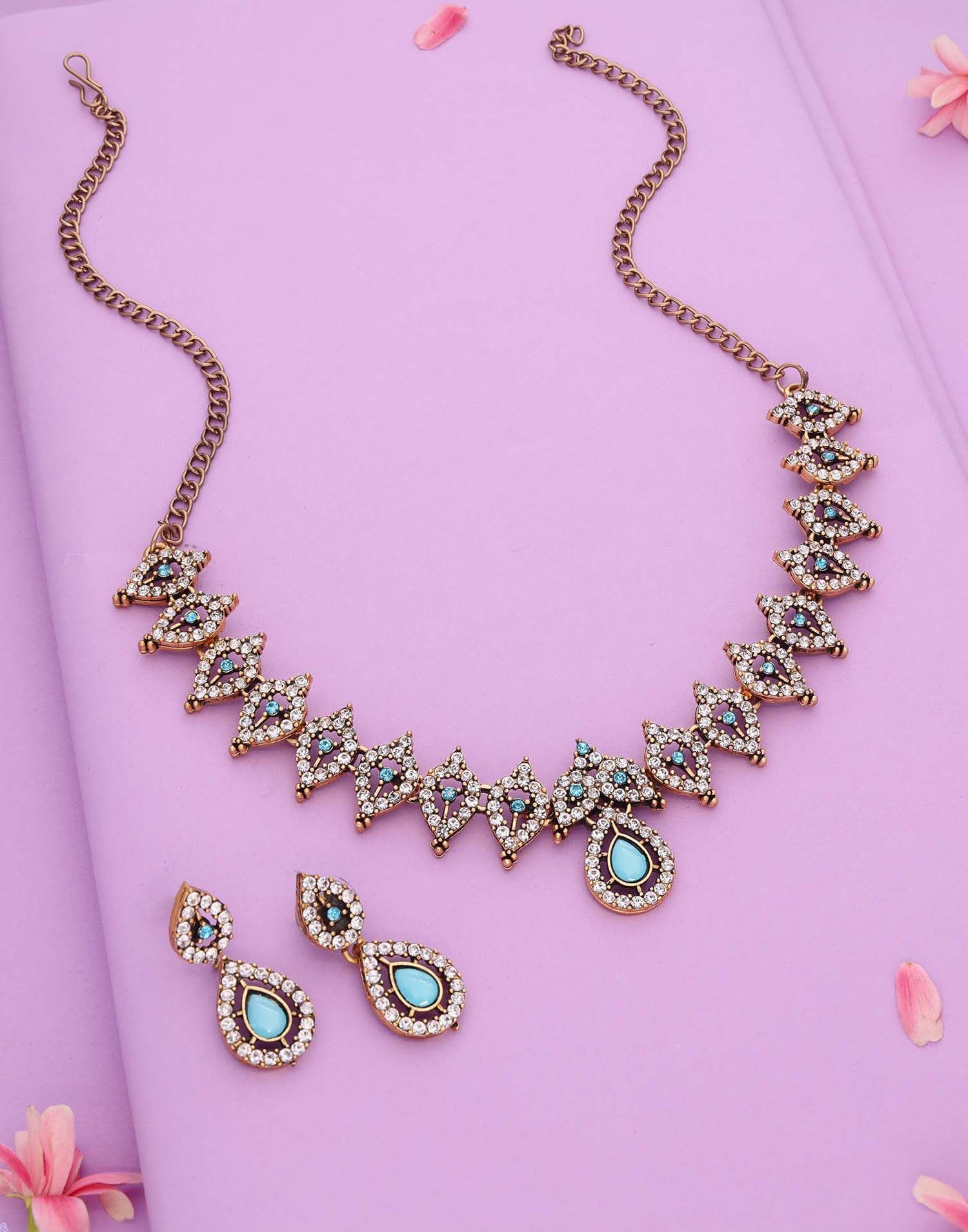 Skyblue Gold Choker Necklace Set With Drop Earring