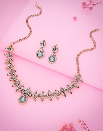 Skyblue Gold Choker Necklace Set With Drop Earring