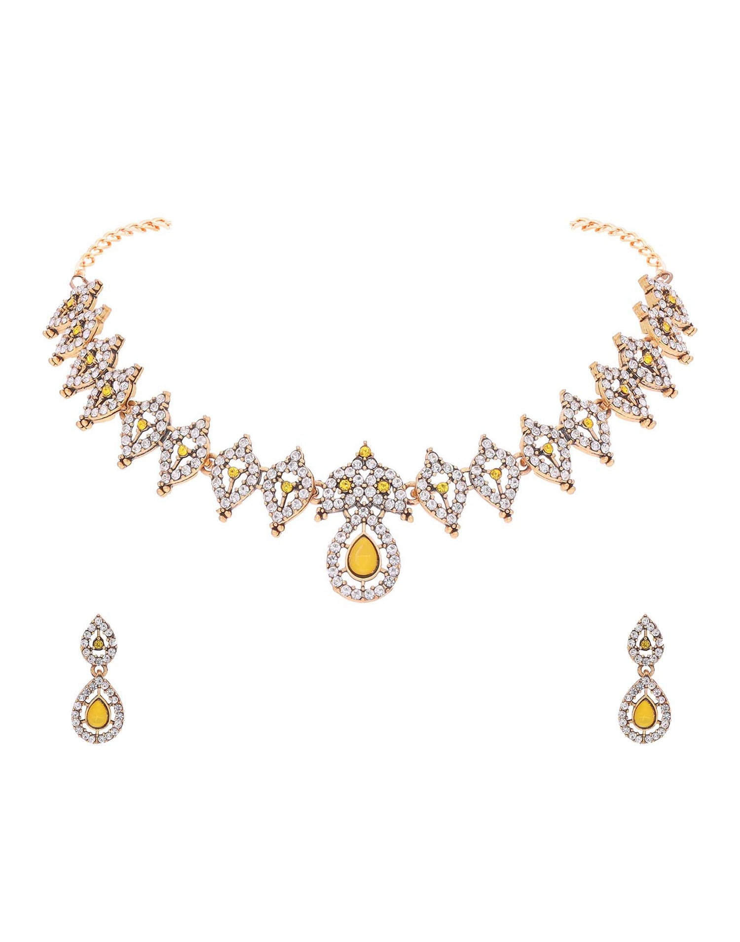 Yellow Gold Choker Necklace Set With Drop Earring