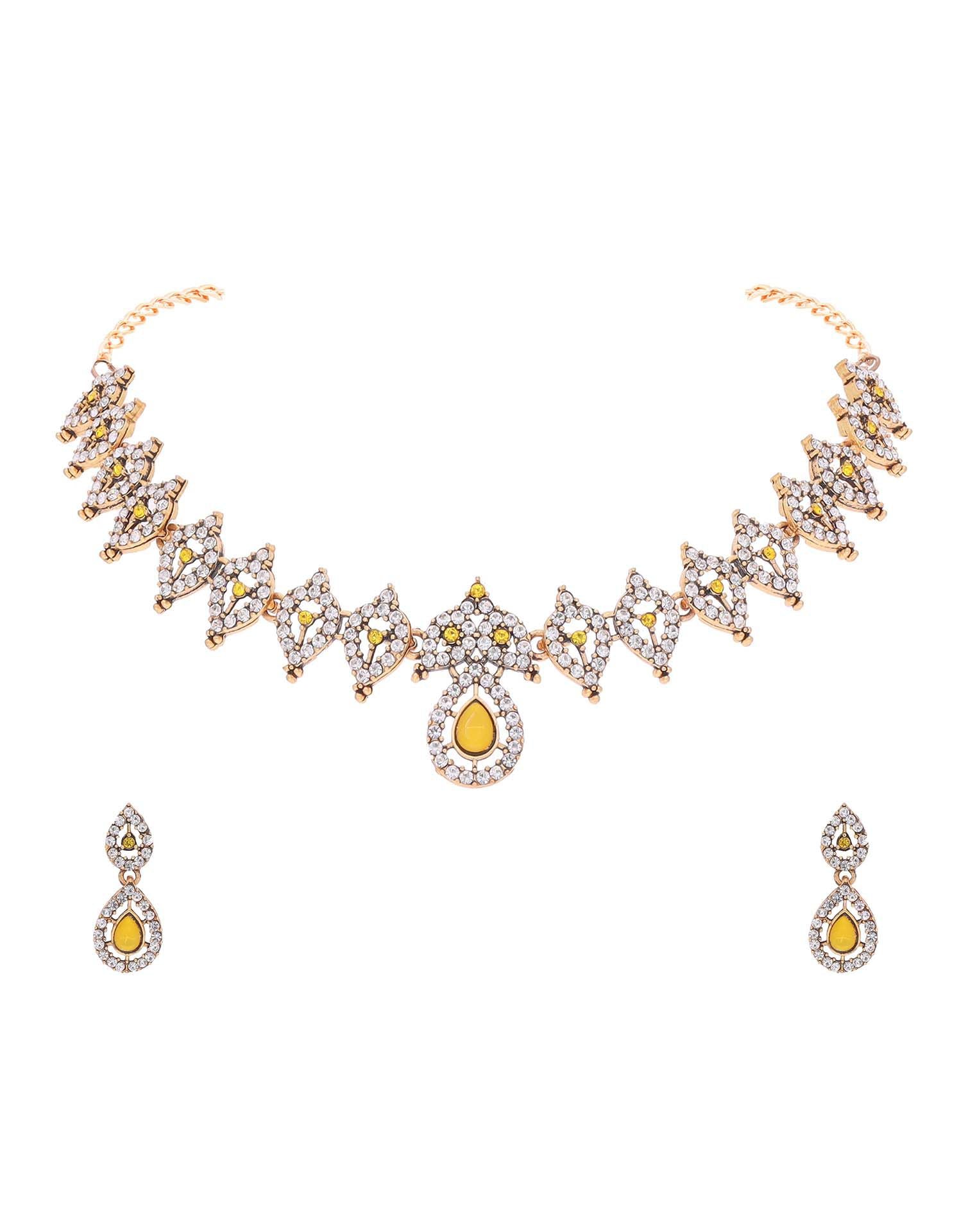 Yellow Gold Choker Necklace Set With Drop Earring