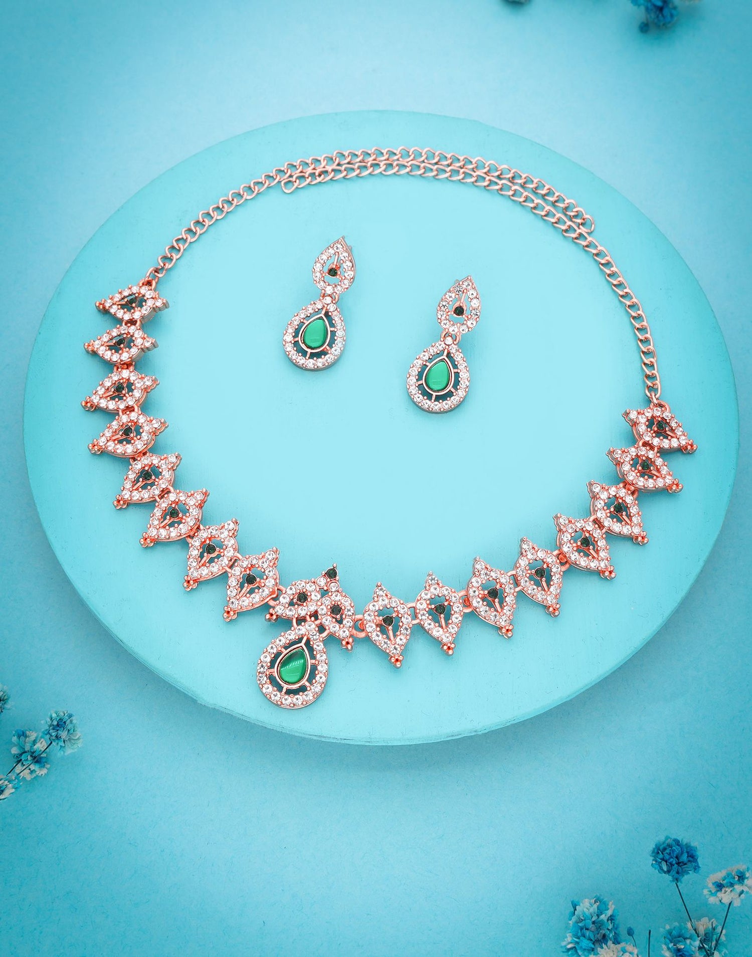 Green Rose Gold Choker Necklace Set With Drop Earring