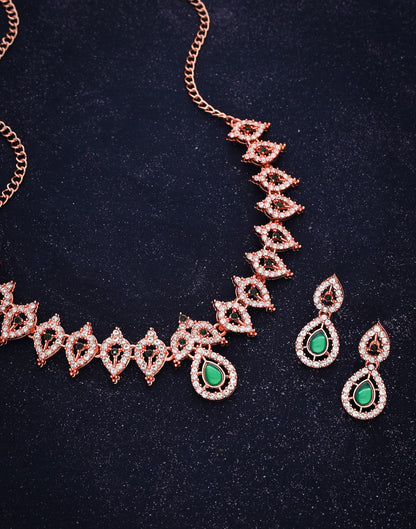 Green Rose Gold Choker Necklace Set With Drop Earring