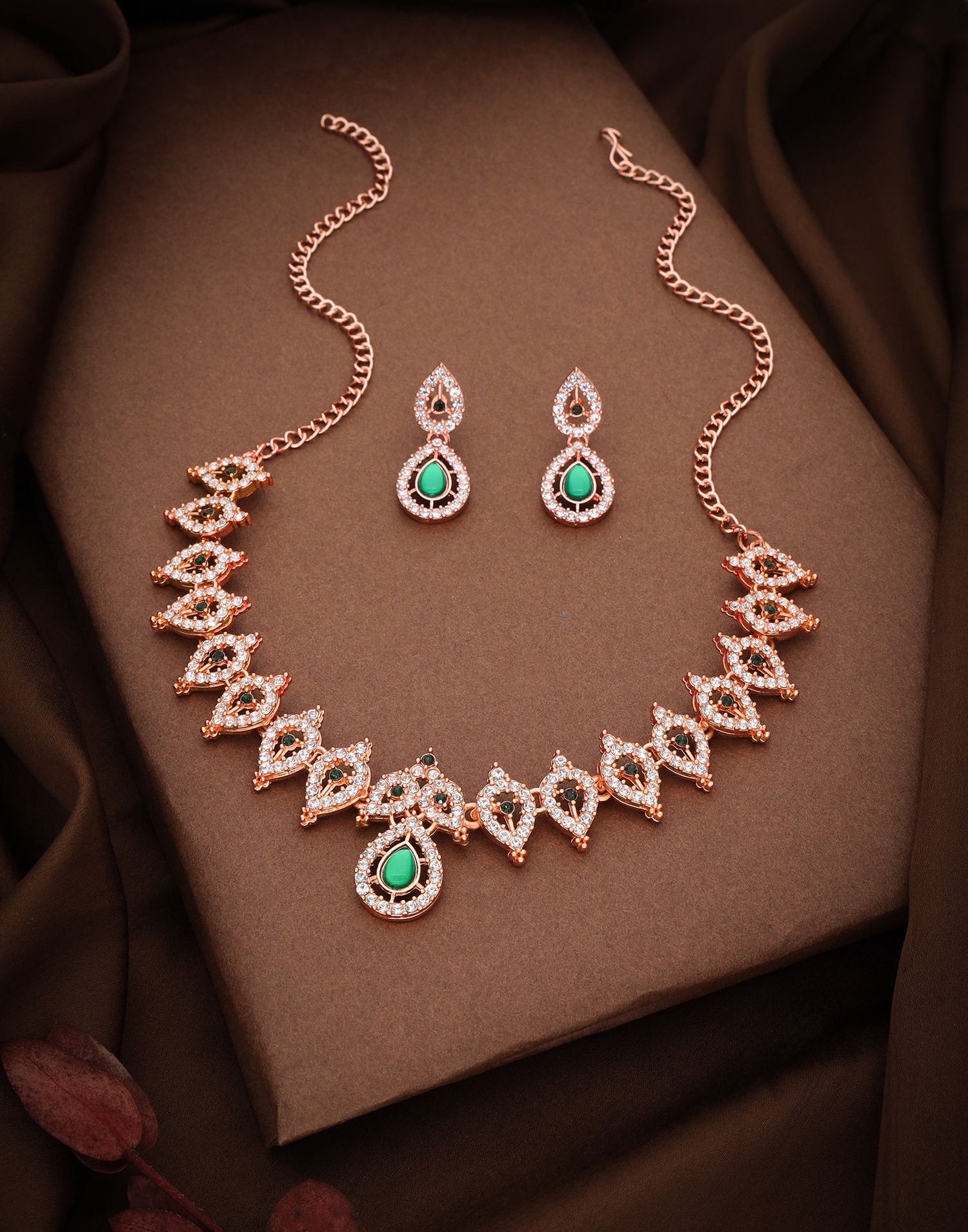 Green Rose Gold Choker Necklace Set With Drop Earring