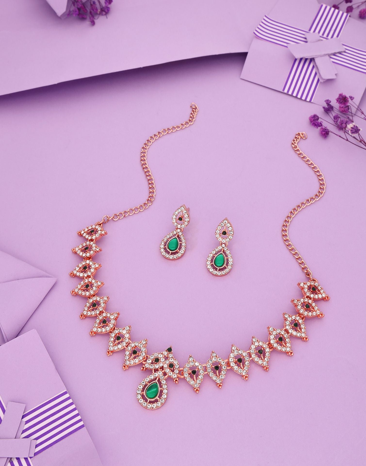 Green Rose Gold Choker Necklace Set With Drop Earring