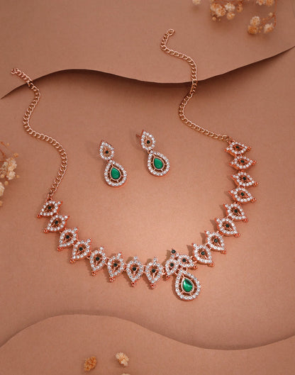 Green Rose Gold Choker Necklace Set With Drop Earring