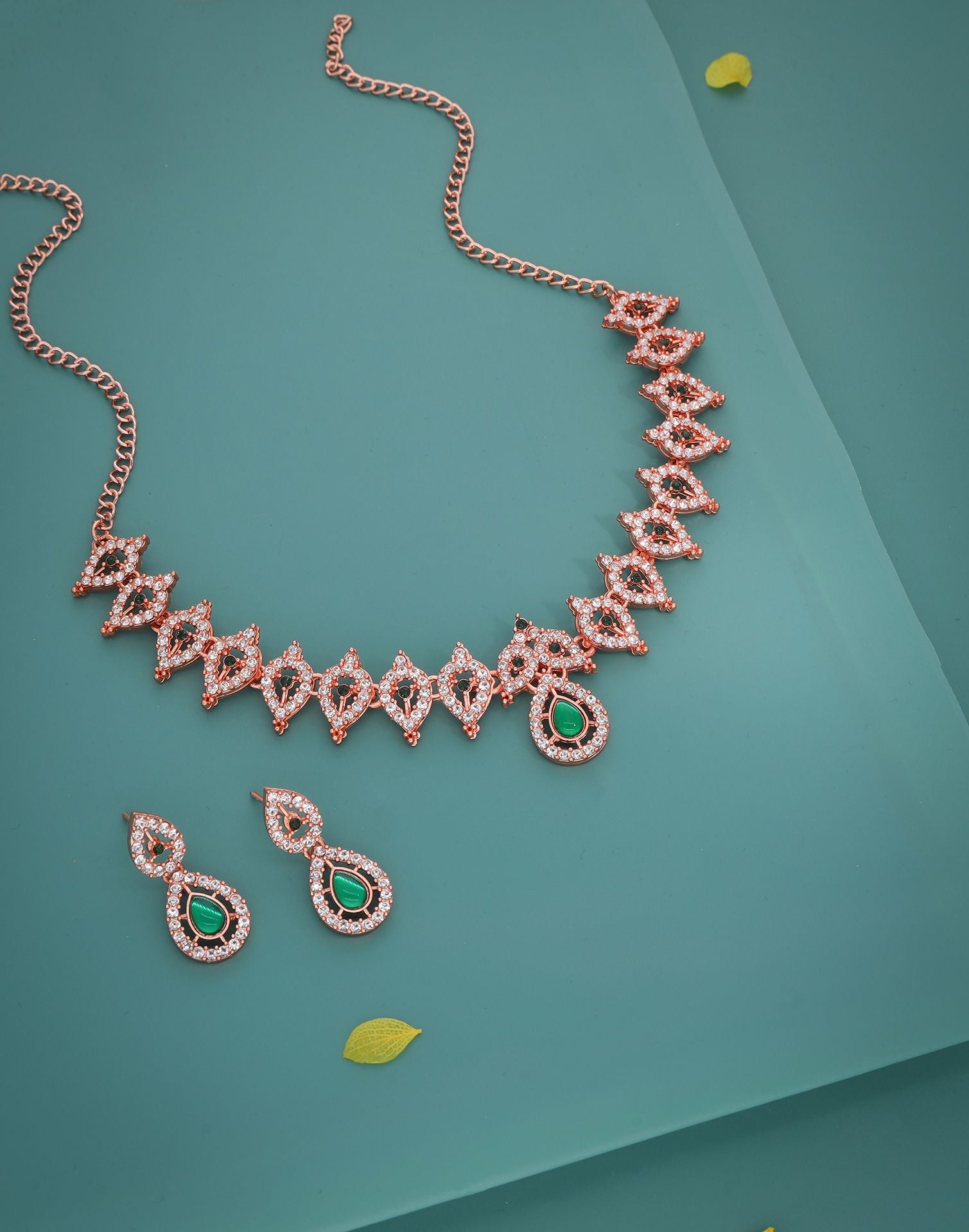 Green Rose Gold Choker Necklace Set With Drop Earring