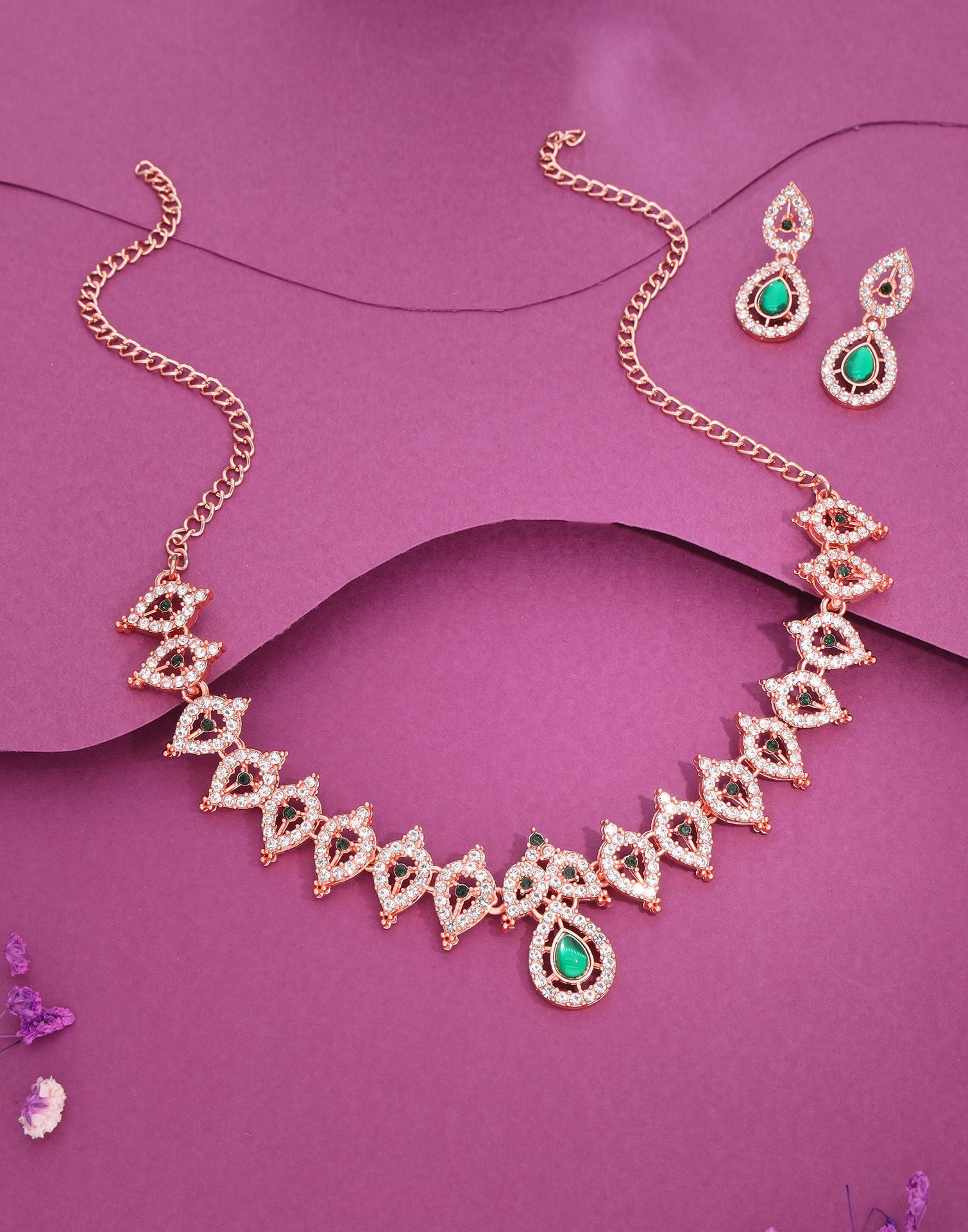 Green Rose Gold Choker Necklace Set With Drop Earring