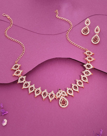 Maroon Rose Gold Choker Necklace Set With Drop Earring