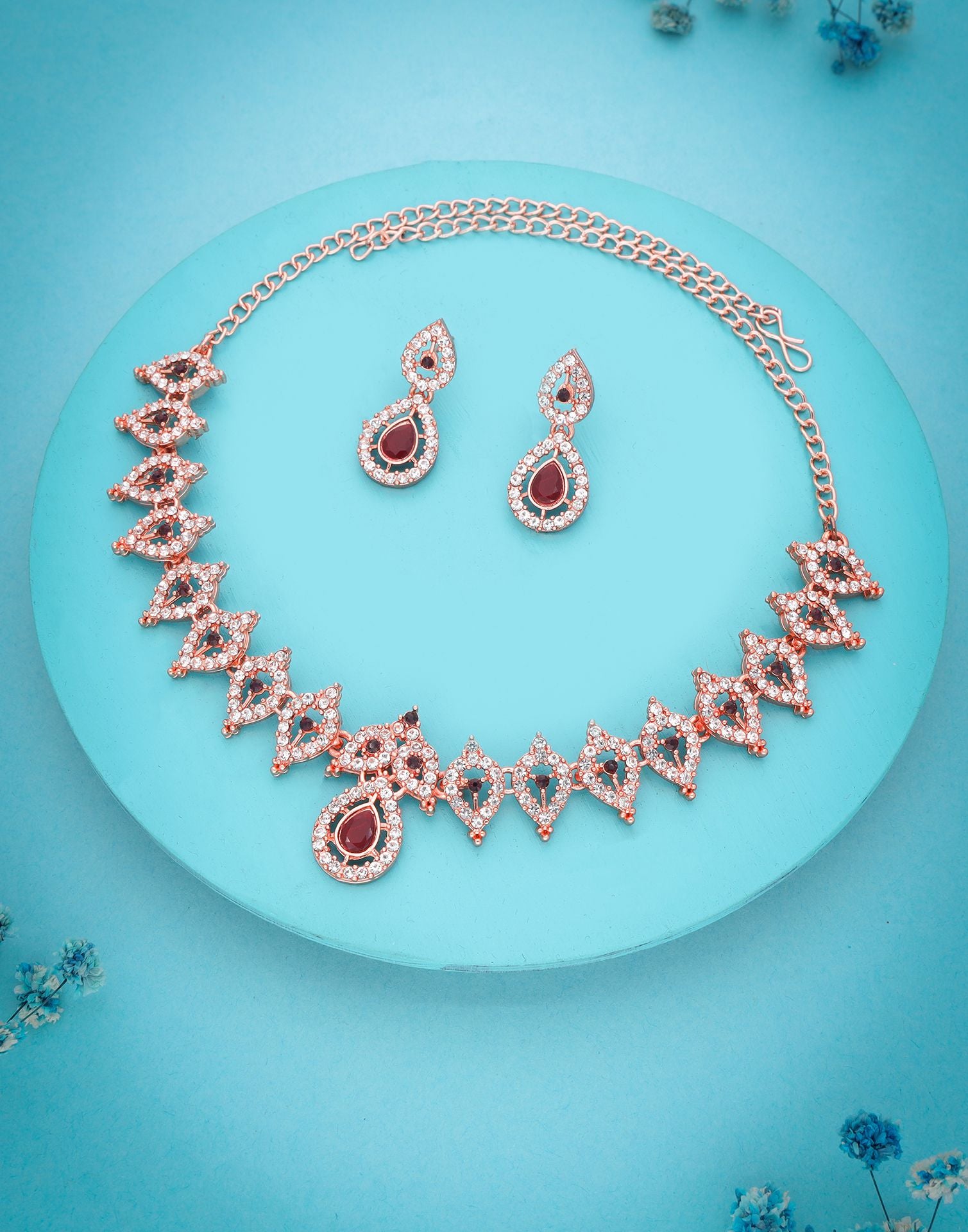 Maroon Rose Gold Choker Necklace Set With Drop Earring