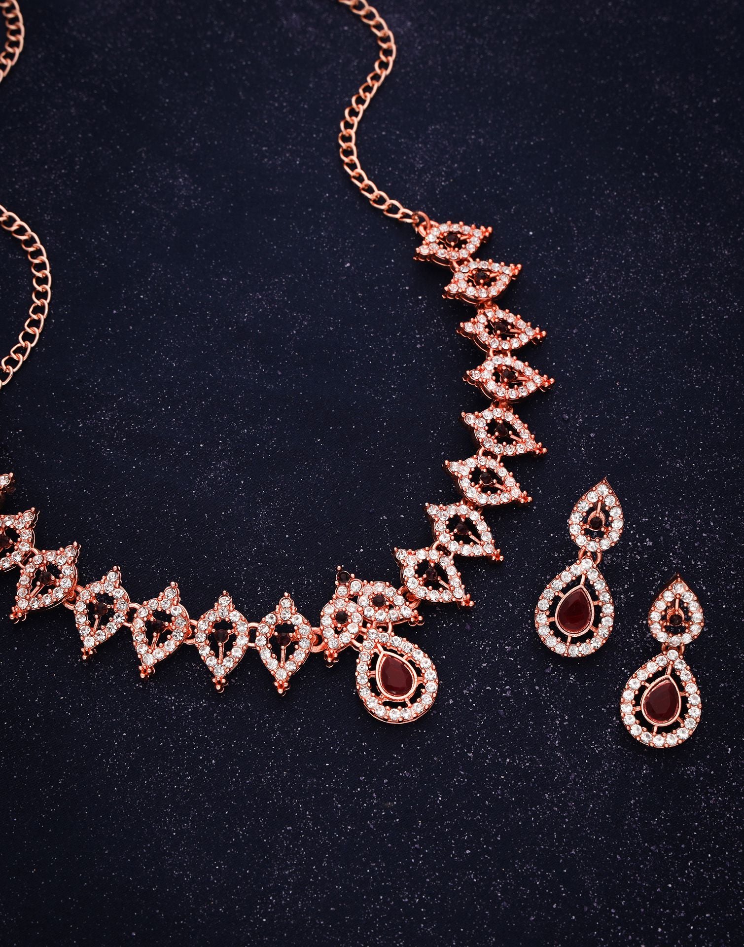 Maroon Rose Gold Choker Necklace Set With Drop Earring