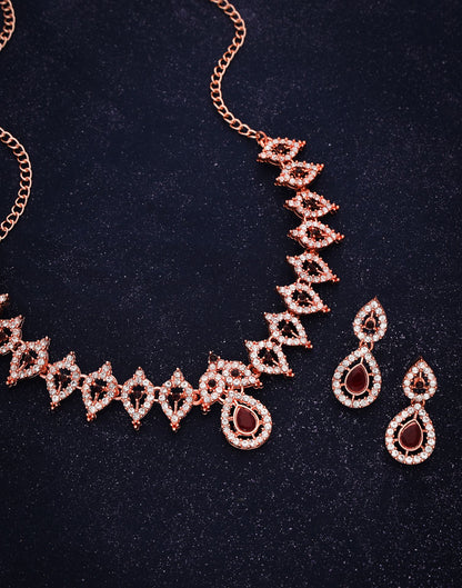 Maroon Rose Gold Choker Necklace Set With Drop Earring